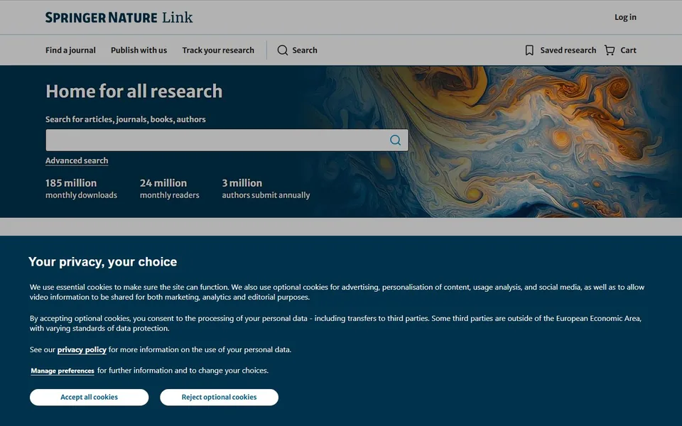Springer Nature Link官网首页截图，拍摄于2026-10-01
