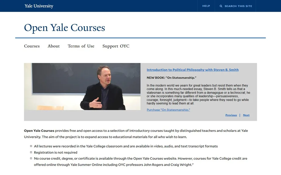 Open Yale Courses官网首页截图，拍摄于2026-10-01