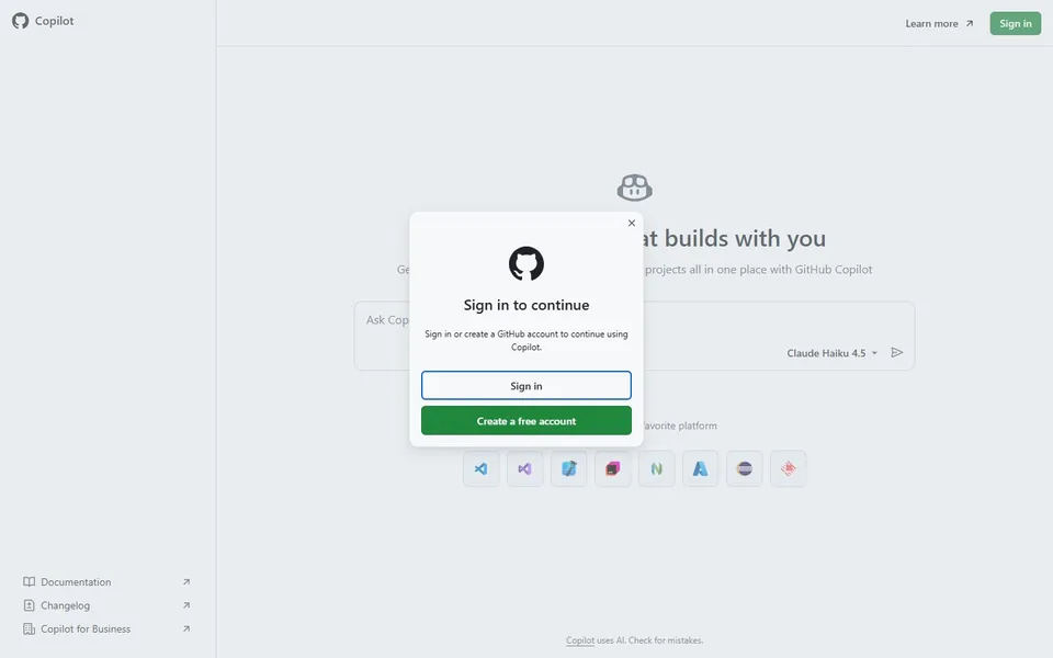 GitHub Copilot官网首页截图，拍摄于2026-10-01