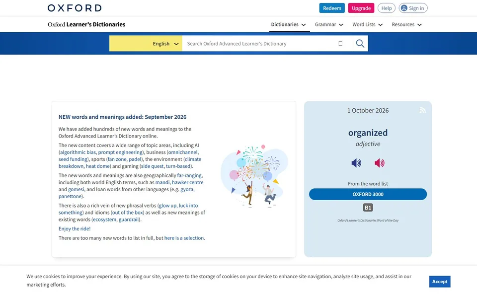 Oxford Learner’s Dictionaries官网首页截图，拍摄于2026-10-01