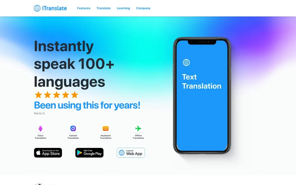 iTranslate官网首页截图，拍摄于2026-10-01
