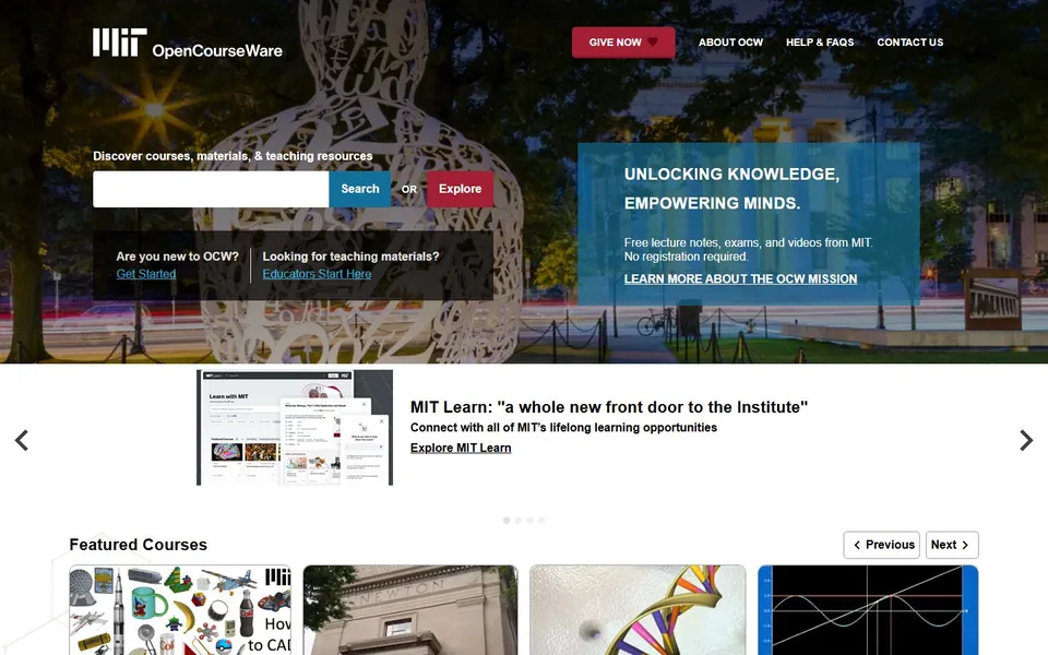 MIT OpenCourseWare官网首页截图，拍摄于2026-10-01