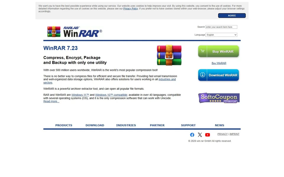 WinRAR官网首页截图，拍摄于2026-10-01