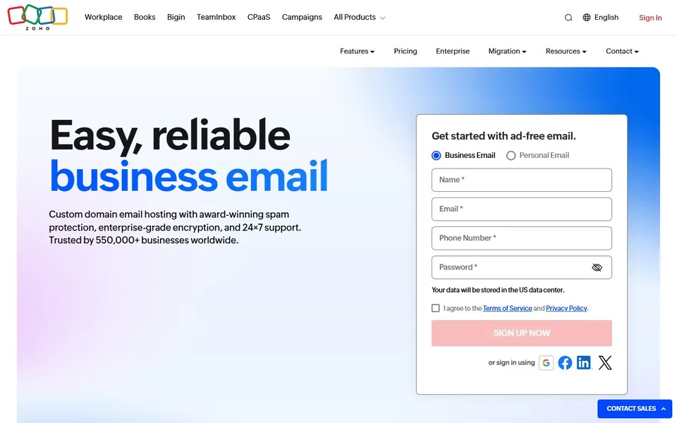 Zoho Mail官网首页截图，拍摄于2026-10-01