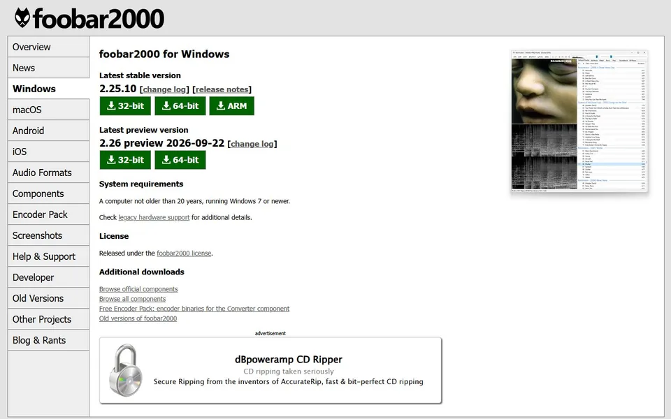 foobar2000官网首页截图，拍摄于2026-10-01