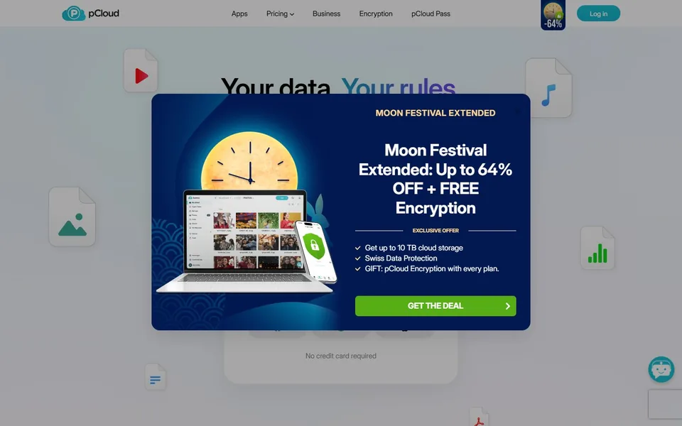 pCloud官网首页截图，拍摄于2026-10-01