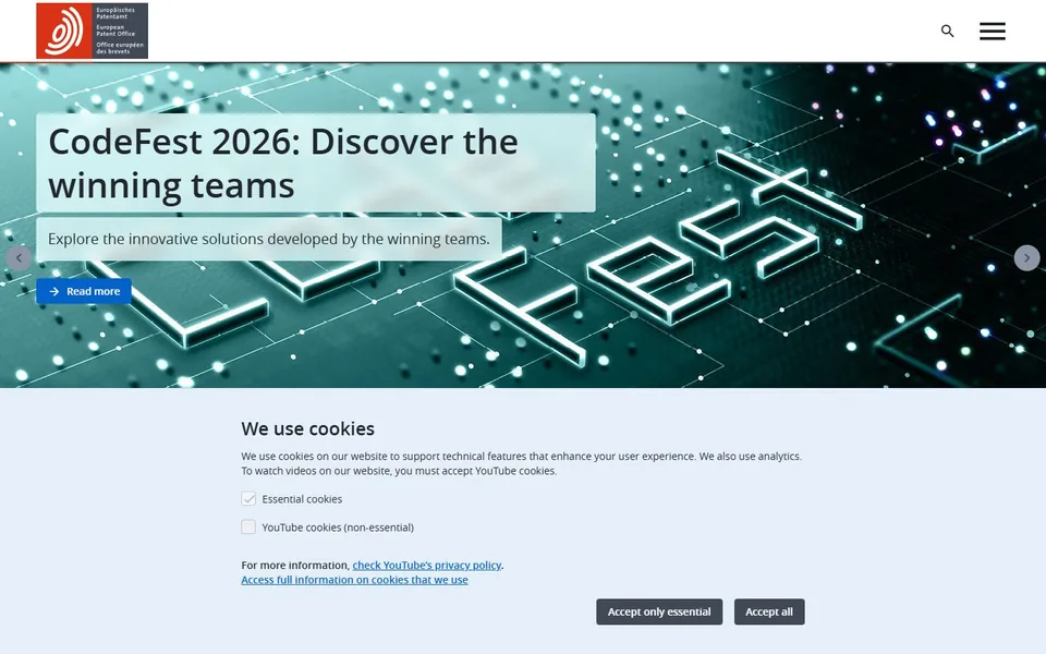 欧洲专利局官网首页截图，拍摄于2026-10-01